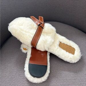 Cream and Brown Shearling Slippers by Loewe. With hard bottom.